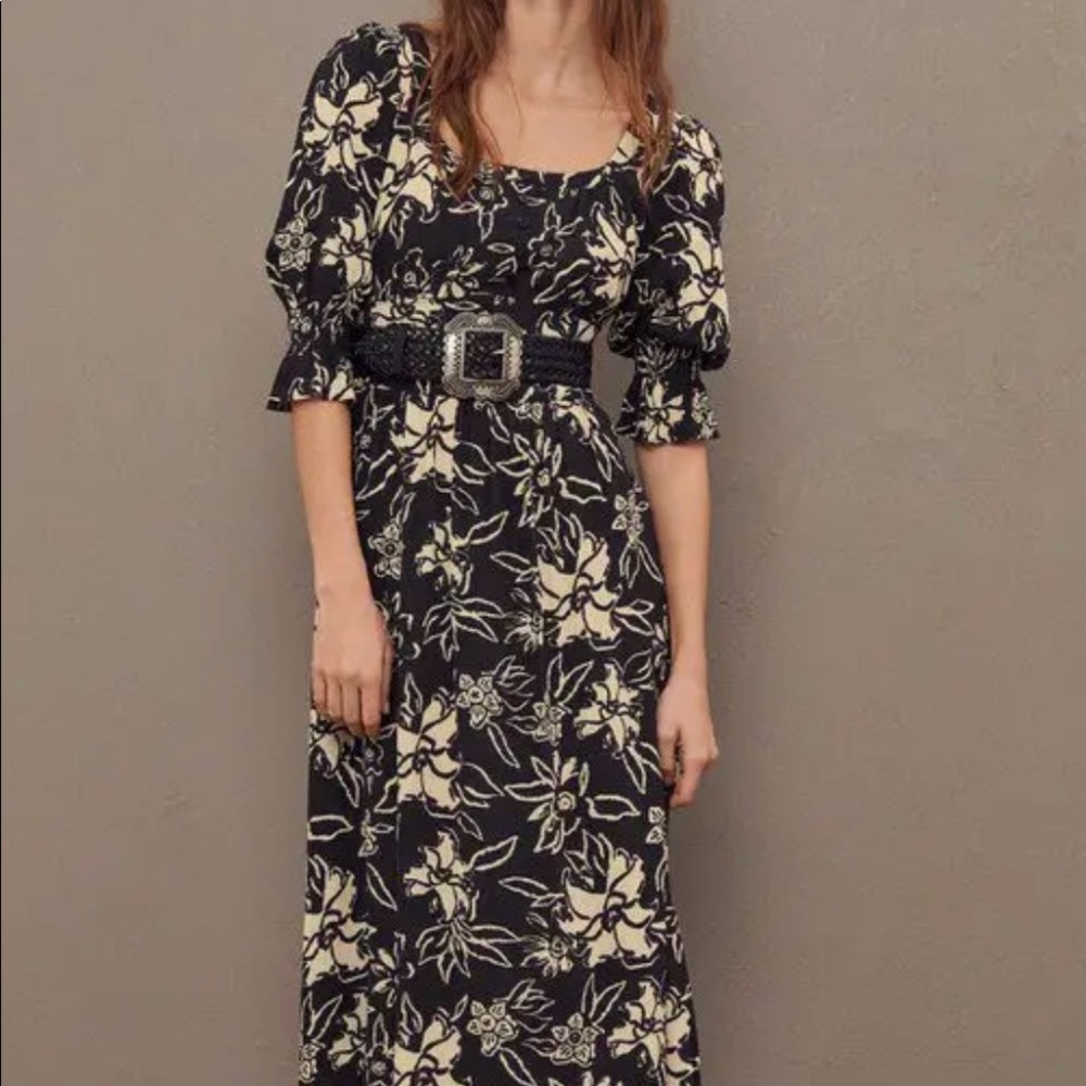 BA&SH black and beige floral midi dress.